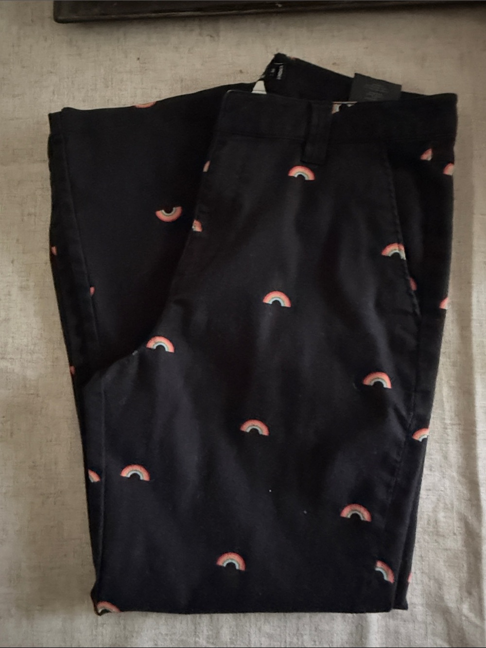Volcom Frochickie Black Boyfriend Chino Pants with Mini Rainbow Print